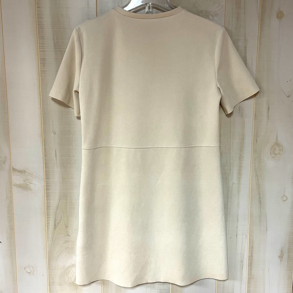 Zara Cream Colored Pocket Front Suede-Feel Raw Hem Short Sleeve Dress Sz S - Picture 2 of 6